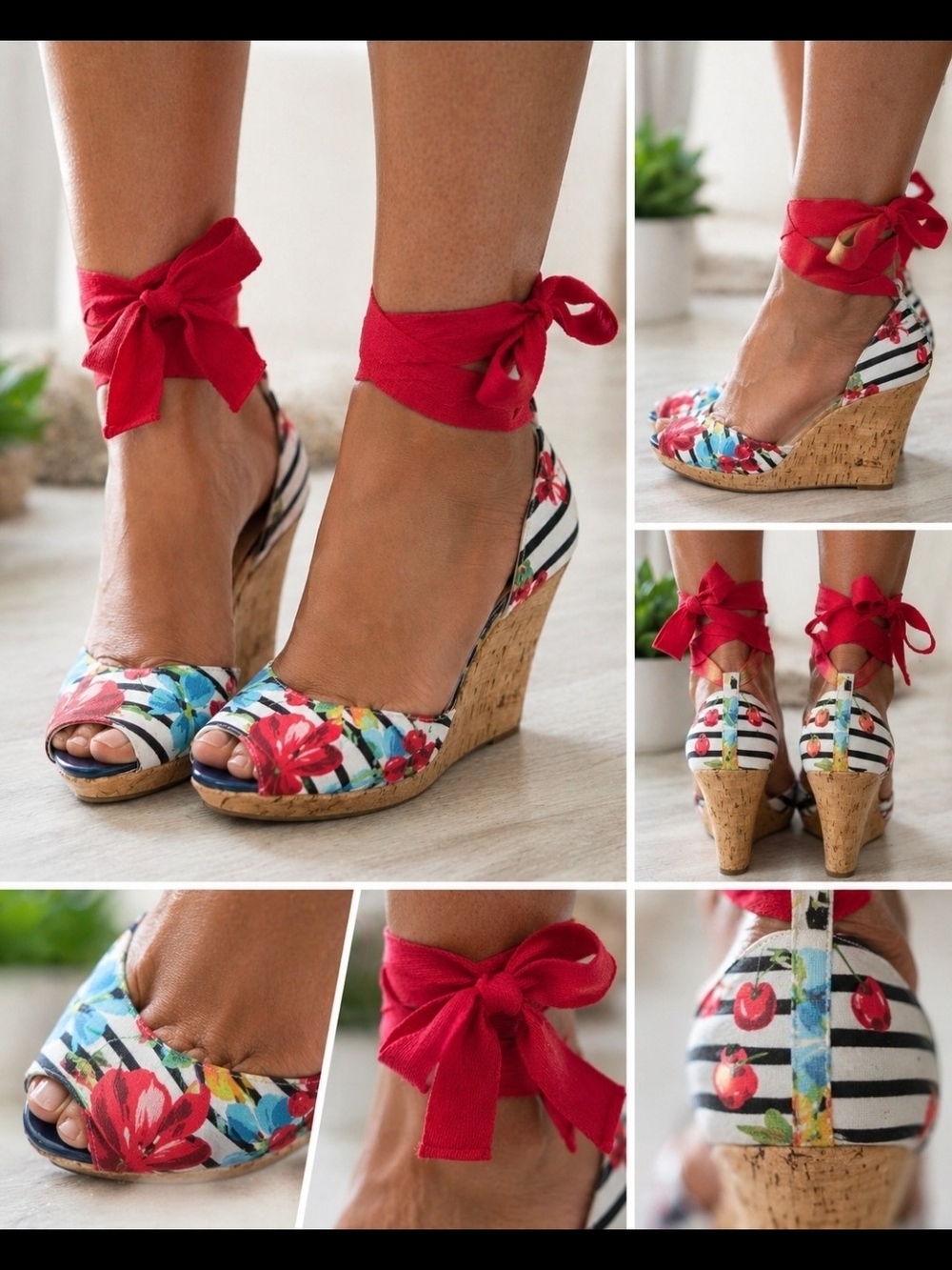 Floral Stripe Cork Wedge Sandals with Red Ankle Tie